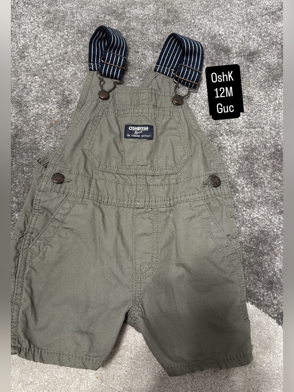OshKosh B'gosh Olive Green Short Overalls with Striped Navy Straps